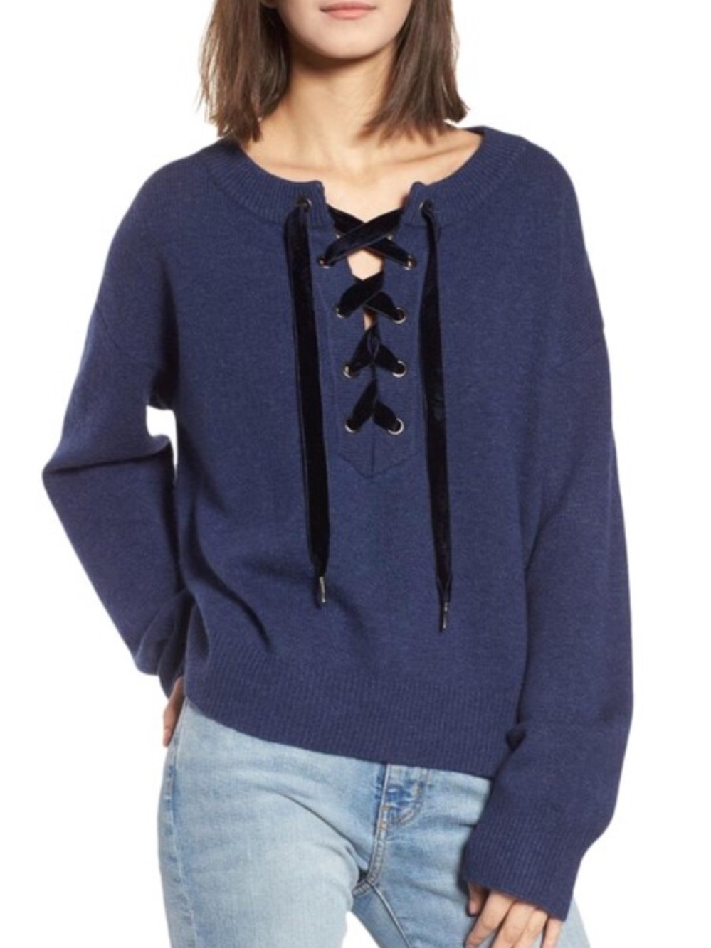 NWT  RAILS Olivia Velvet Lace Up
Sweater Indigo Blue Cashmere Wool Size Large